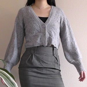 fuzzy grey bubble sleeve cardigan